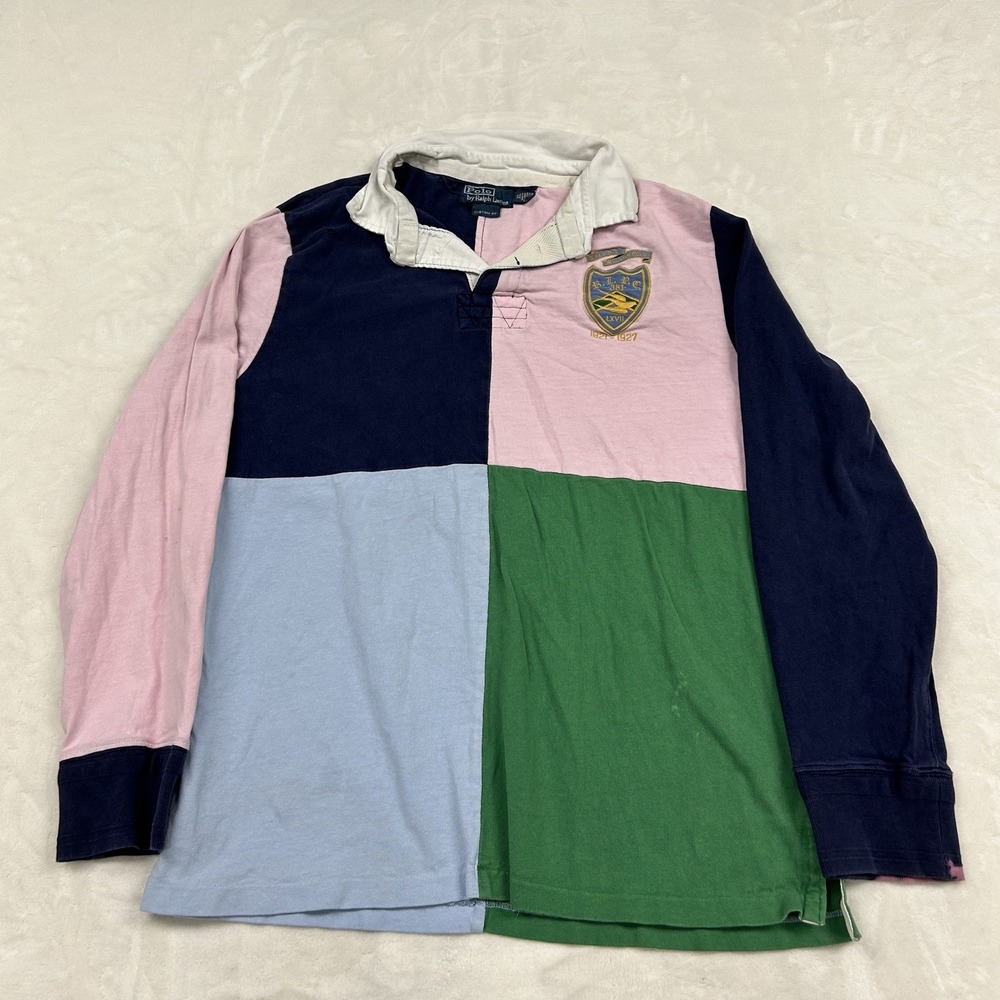 Polo Ralph Lauren Rugby Shirt Mens XL Multi Colorblock Custom Fit Distressed